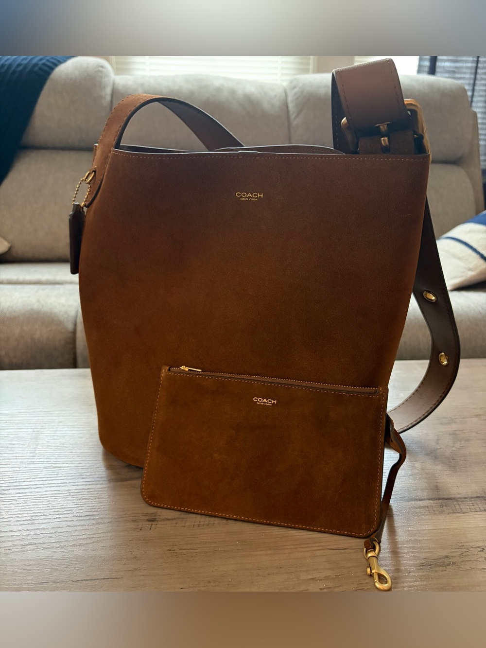 Coach Bleeker Bucket Bag Warm Brown Suede with Pouch PRICE FIRM